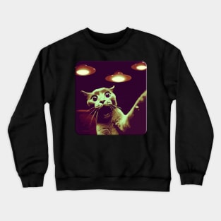 Scared Funny Cat Selfie With UFOs Behind Crewneck Sweatshirt